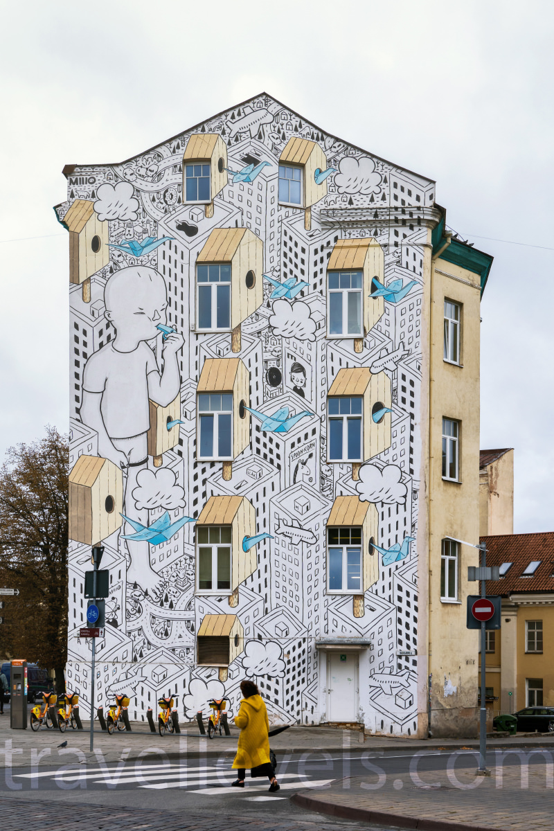 Бумажные птицы Милло, граффити, Вильнюс
